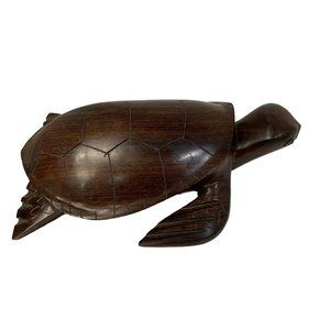 Vintage  Wooden Turtle Statue Figurine Dark Brown Hand Carved Crafted  9"H x 5.5